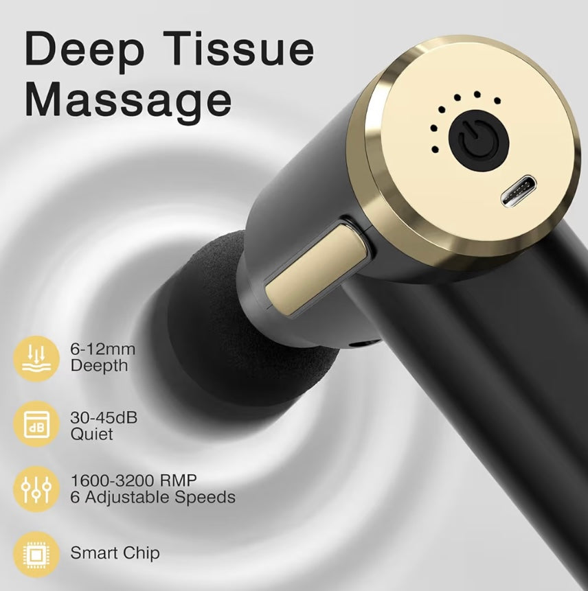 Neuryn Massage Gun Deep Tissue for Pain Relief with 4 Massage Heads & 6 Speeds, Electric Mini Handheld Body Massager for Any Pain Relief, (Black)