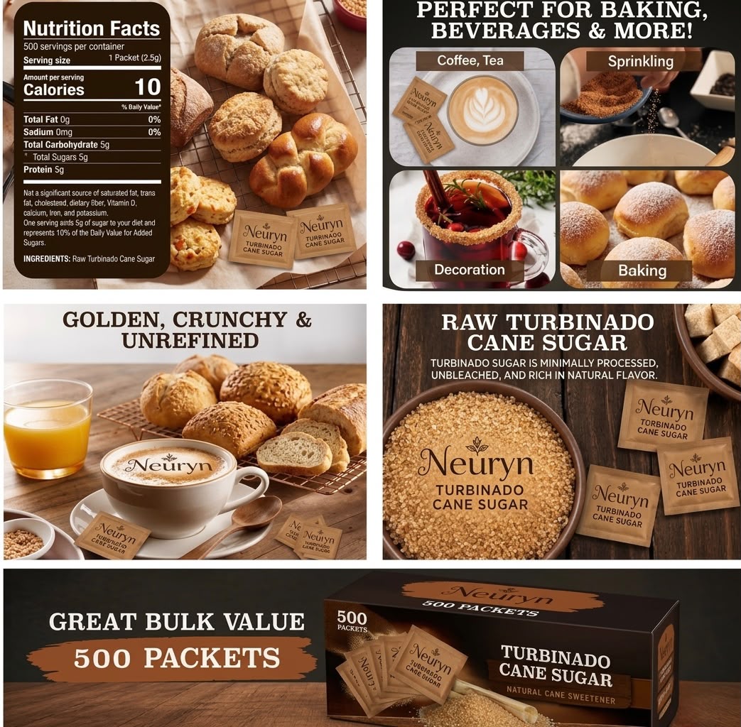 Neuryn Turbinado Cane Sugar Packets, 4.5 g, 500 Count